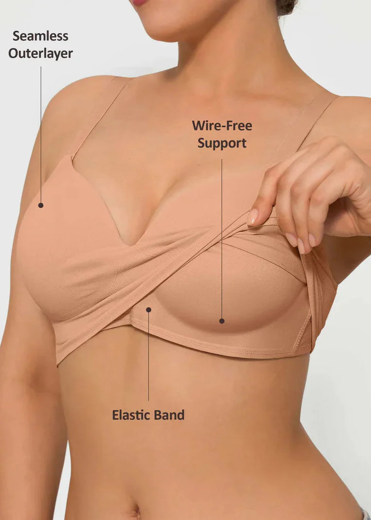 Beige bra with labeled features on a plain background