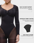 Black bodysuit with text highlighting features on a white background
