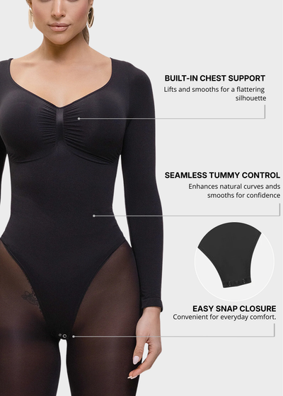 Black bodysuit with text highlighting features on a white background