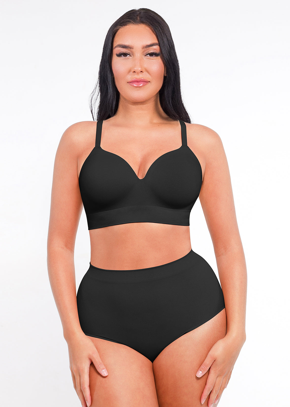 Woman wearing a black bikini set on a white background