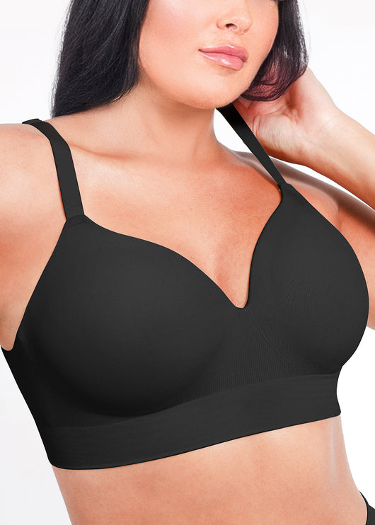 Black bra worn by a model on a white background