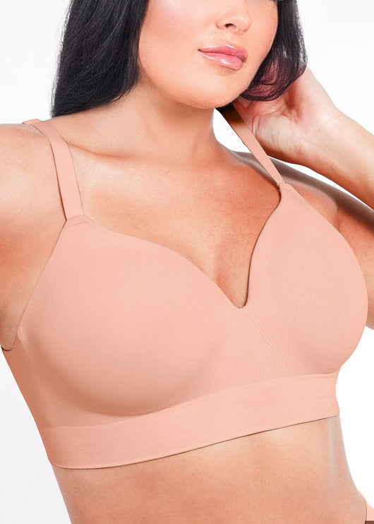 Beige bra worn by a model on a white background