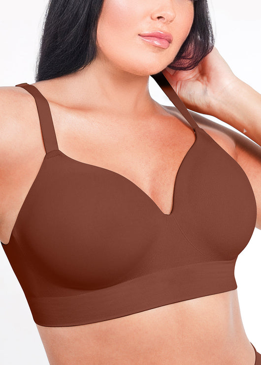 Brown bra worn by a model on a white background