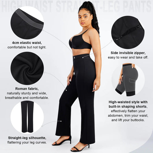 Larisa - Waist Trimming Straight-leg Pants with Built-in Shaping Shorts - Bella Fit USSBlack