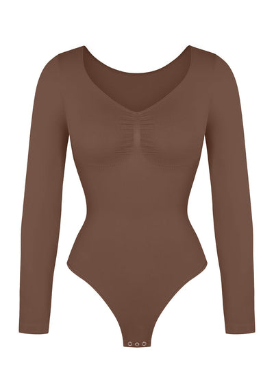 Marcella - Seamless Long Sleeve Thong Bodysuit with Chest Support & Tummy Control - Bella Fit USBlackXS