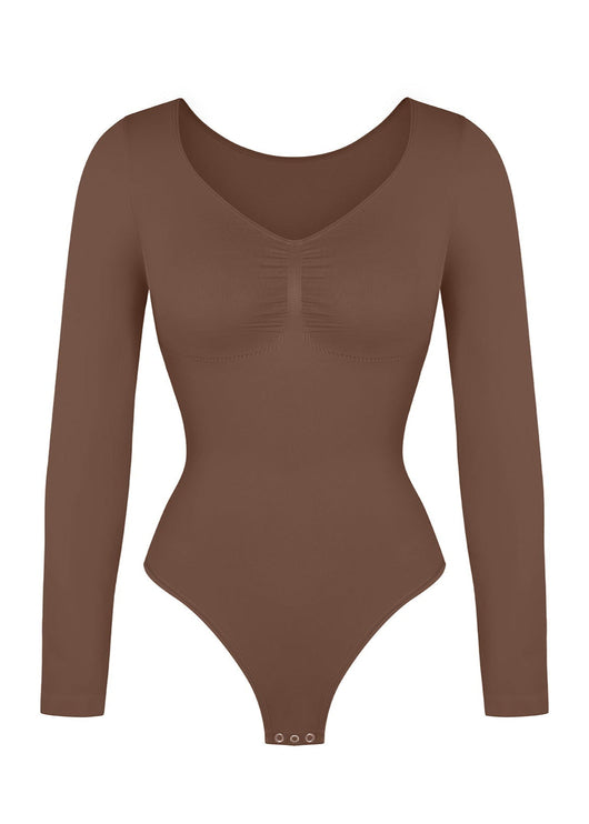 Marcella - Seamless Long Sleeve Thong Bodysuit with Chest Support & Tummy Control - Bella Fit USBlackXS