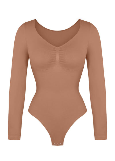 Marcella - Seamless Long Sleeve Thong Bodysuit with Chest Support & Tummy Control - Bella Fit USBlackXS
