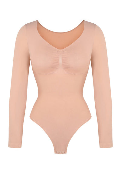 Marcella - Seamless Long Sleeve Thong Bodysuit with Chest Support & Tummy Control - Bella Fit USBlackXS