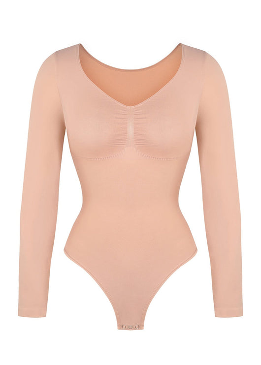 Marcella - Seamless Long Sleeve Thong Bodysuit with Chest Support & Tummy Control - Bella Fit USBlackXS
