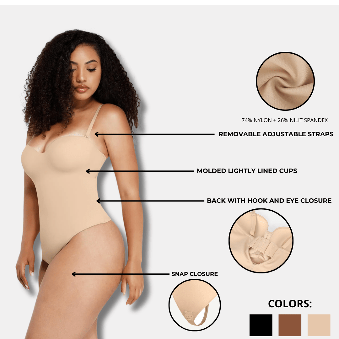 Monica - One - Piece Thong Bodysuit with Underwire, Removable Waist Straps &amp; Abdomen Shaping - Bella Fit USBlackS